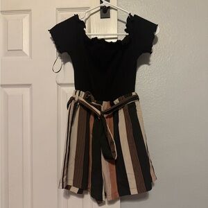 Black Off-Shoulder Top with Striped Shorts